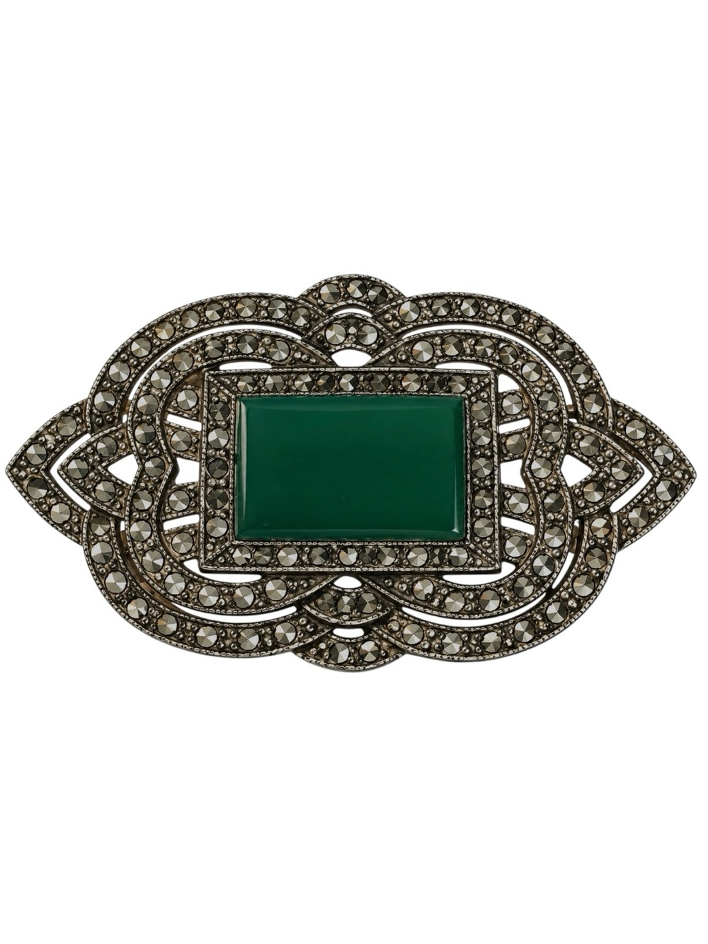 Antique Brooch Art Deco Green Glass Marcasites 1920s 1930s